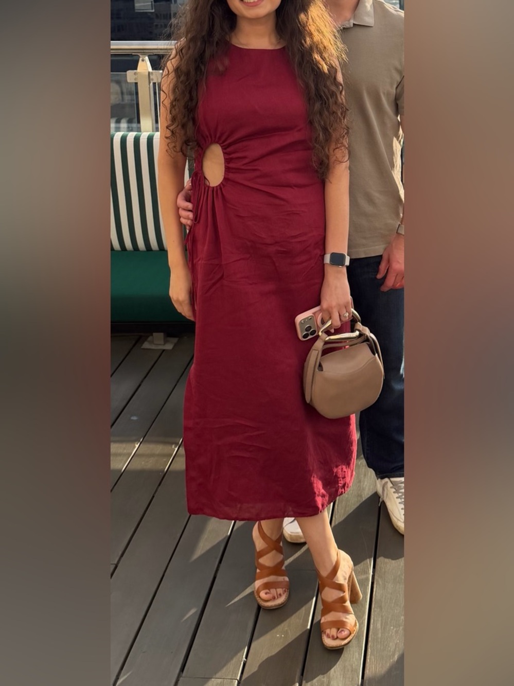 NWT Magaschoni Linen Burgundy Fully Lined, Side Slit, Side Open Detail Dress